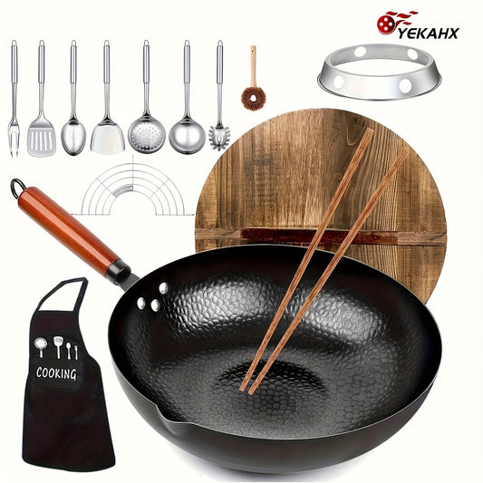 Hihegd Cast Iron Wok Set 14 Piece Induction Safe With Lid