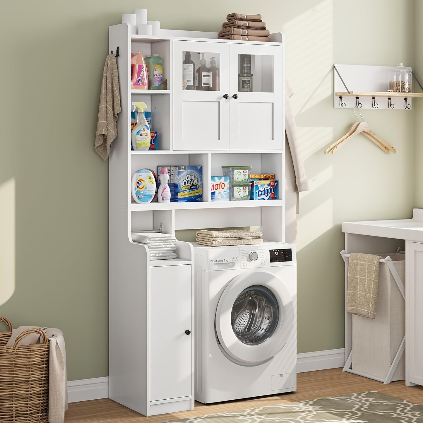Over Toilet Cabinet With Glass Doors And Toilet Paper Holder