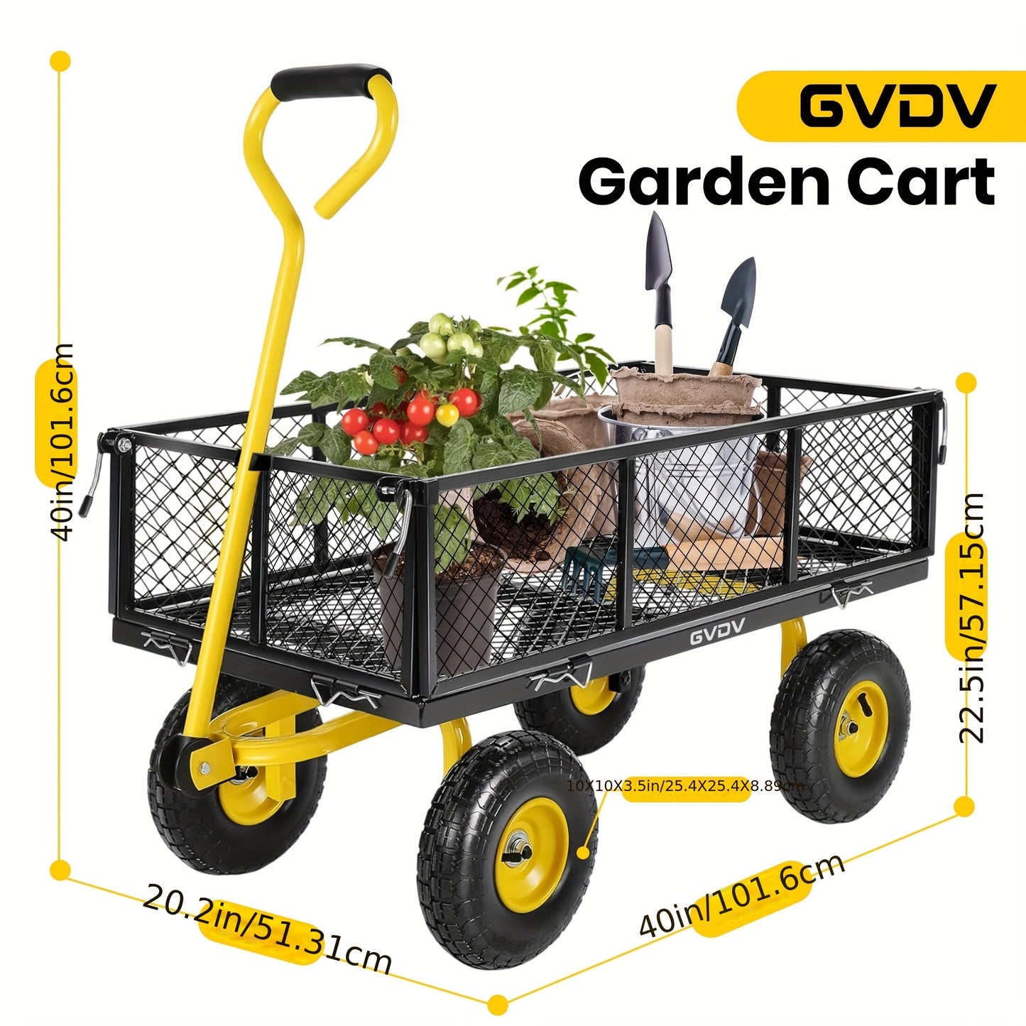 GVDV Heavy Duty Steel Garden Cart With Liner And Mesh Sides