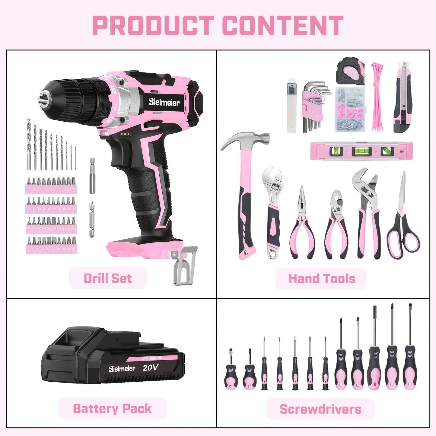 Pink 236 Piece Tool Kit With 20V Cordless Drill Driver