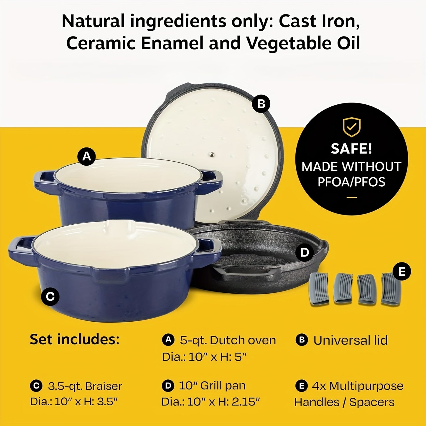 NATIVO 5 Piece Stackable Cast Iron Cookware Set Enamel