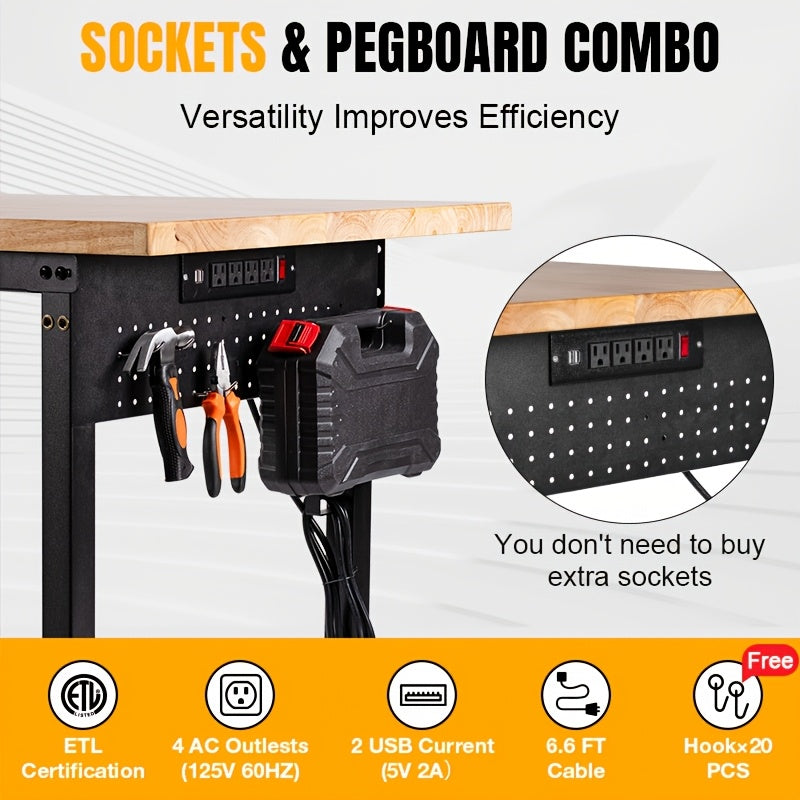 48-60in Heavy Duty Adjustable Workbench With Pegboard 2000lbs Capacity