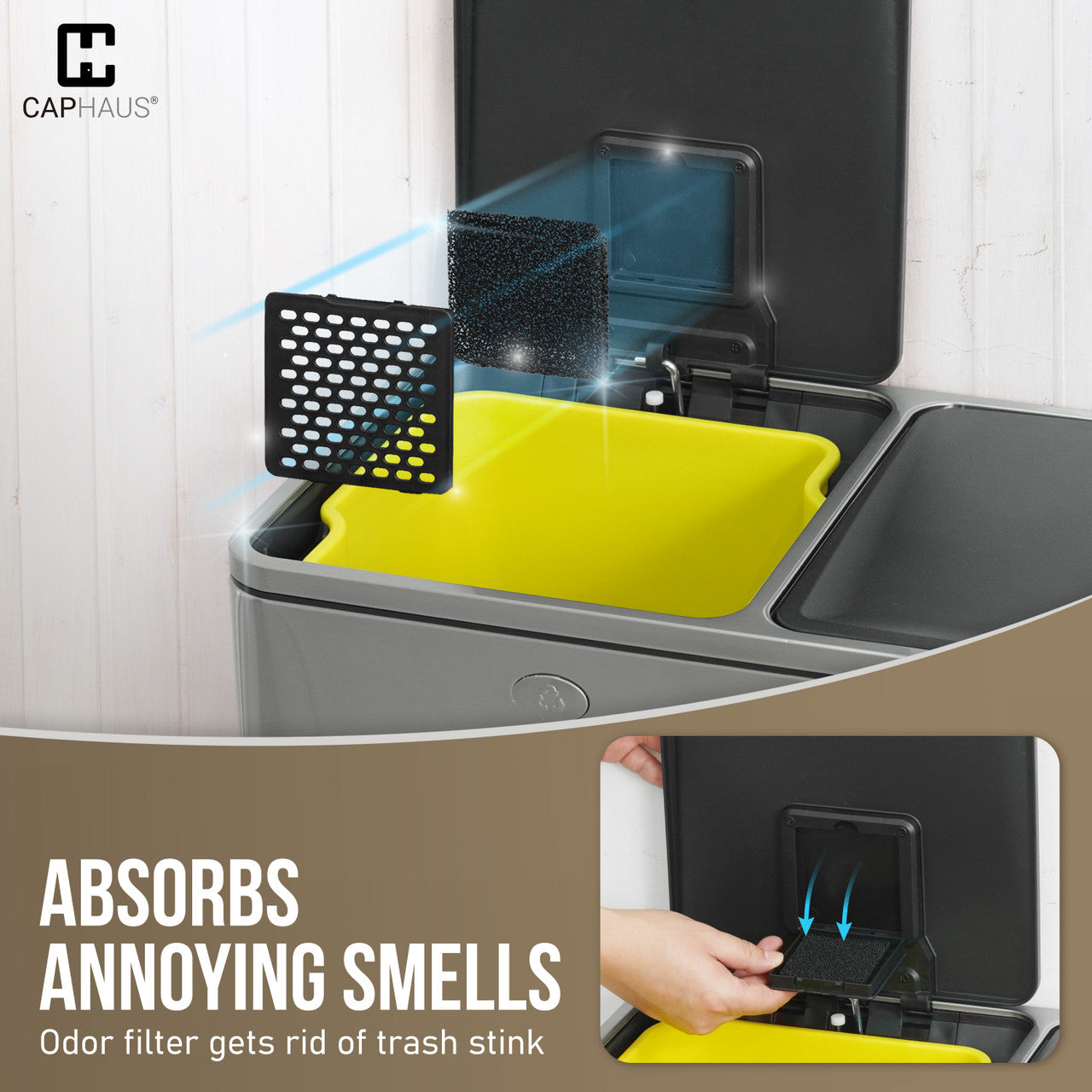 Caphaus Black Dual Trash Can With Double Lid And Recycle Bin