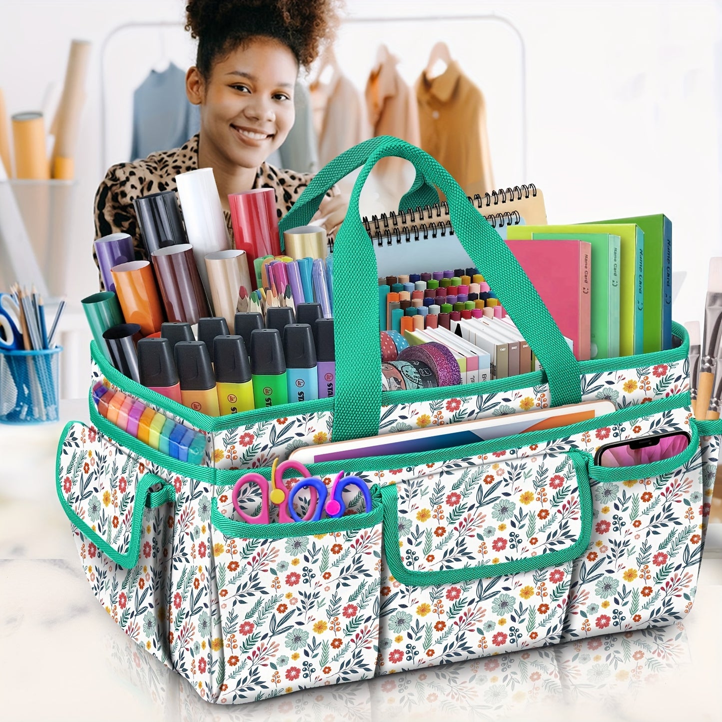 Large Floral Polyester Craft Storage Tote for Sewing