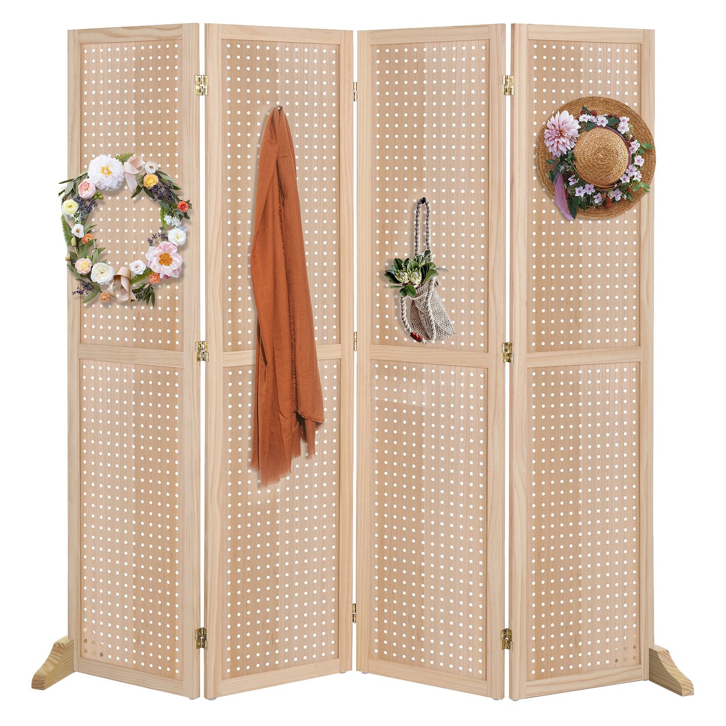 5 Ft Wood Freestanding Pegboard Room Divider Organizer