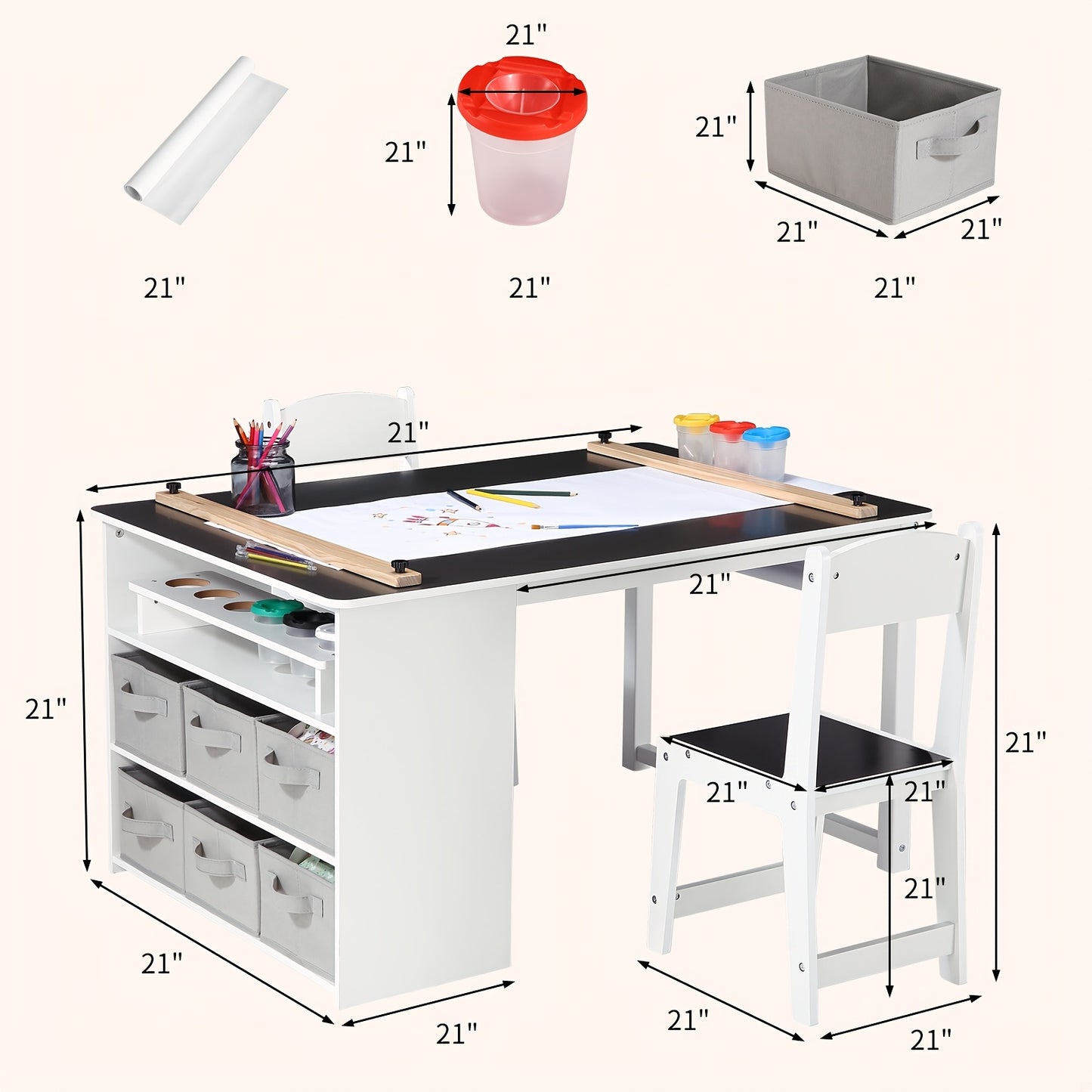Wooden Art Table With 2 Chairs And Storage Bins For Crafts