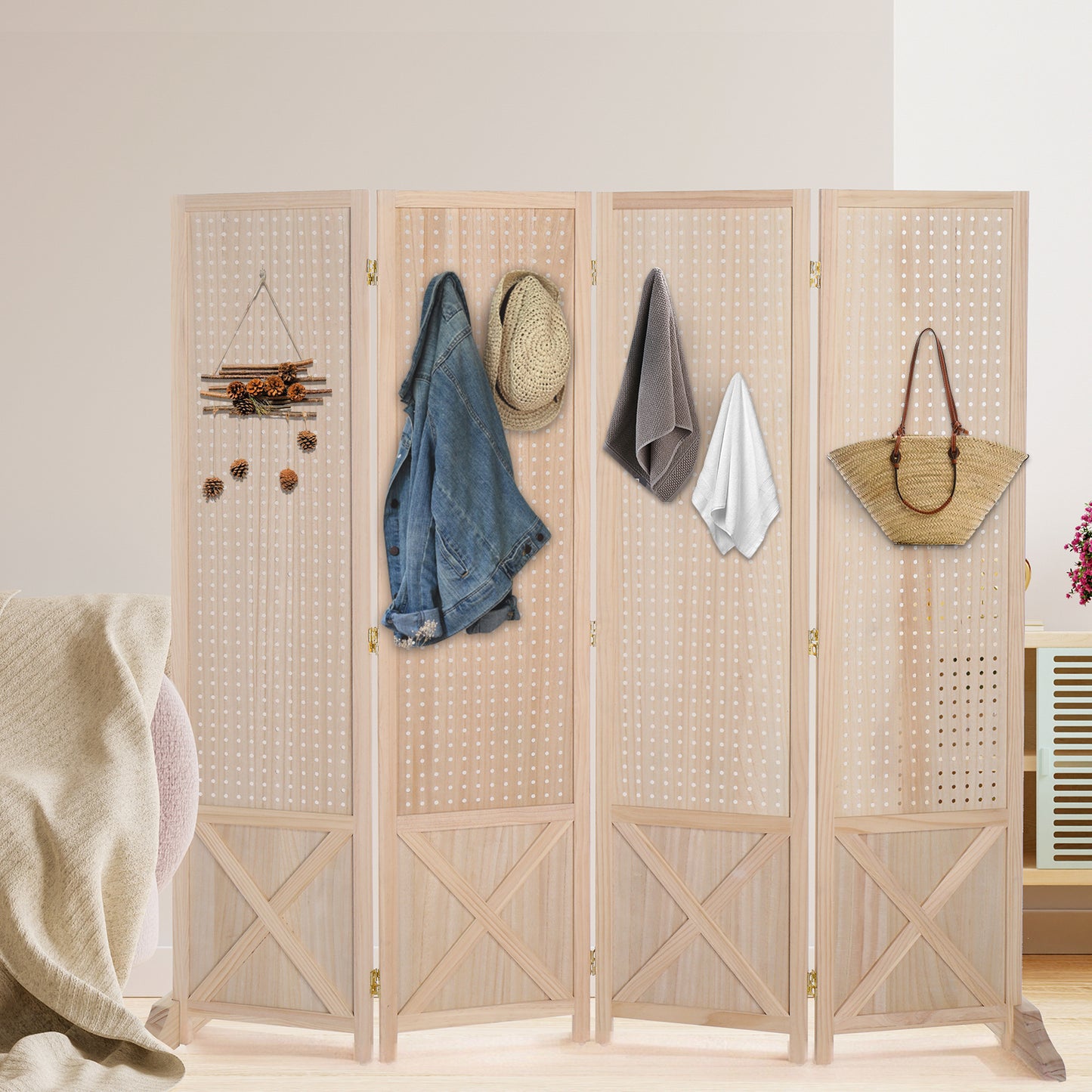 Vingli 60 Inch Freestanding Wood Pegboard Room Divider