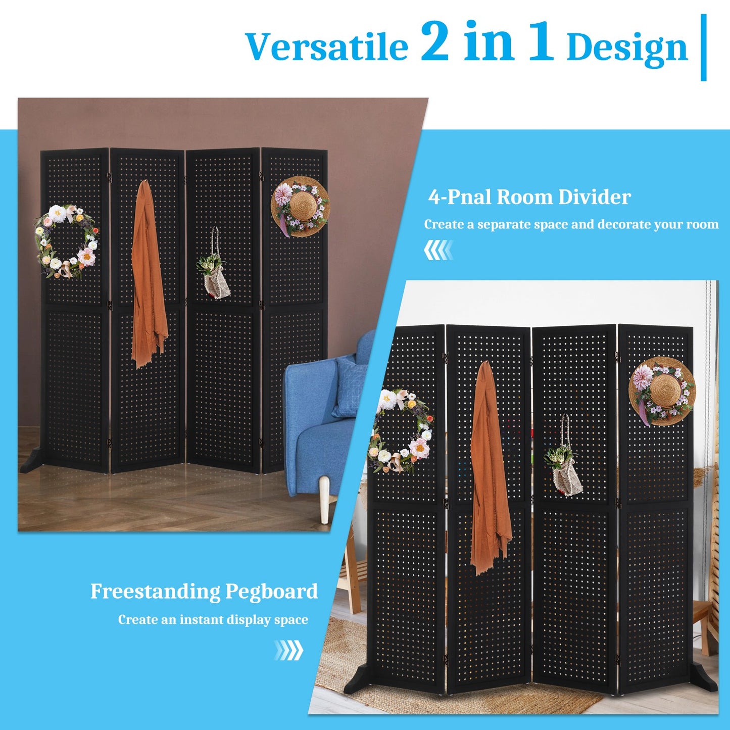 5 Ft Wood Freestanding Pegboard Room Divider Organizer