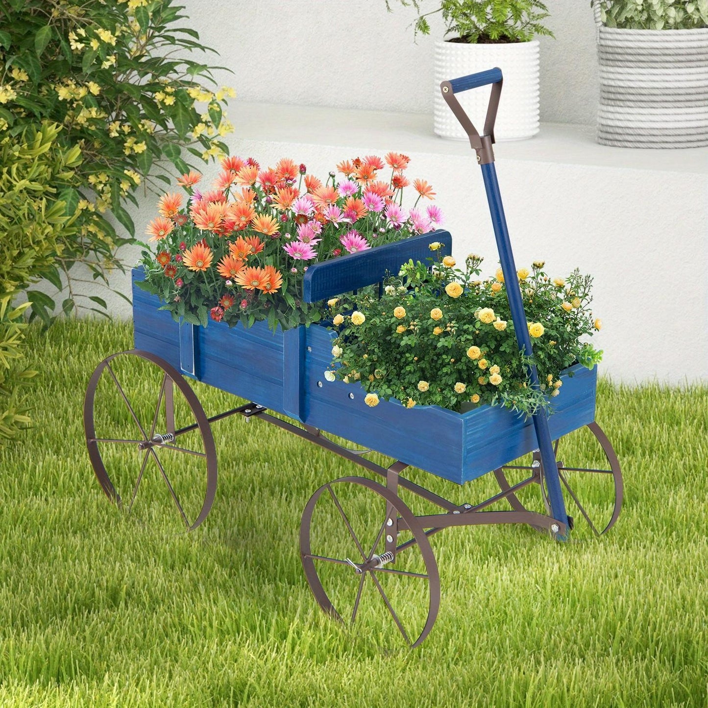 Spacious Rustic Fir Wood Garden Wagon Planter With Wheels