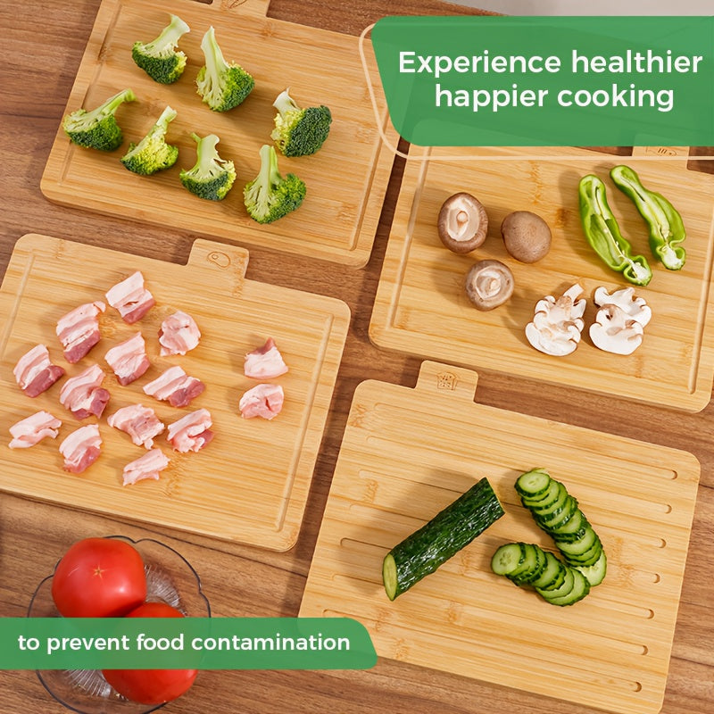 Bamboo Cutting Board Set With Stand Juice Groove Food Icons