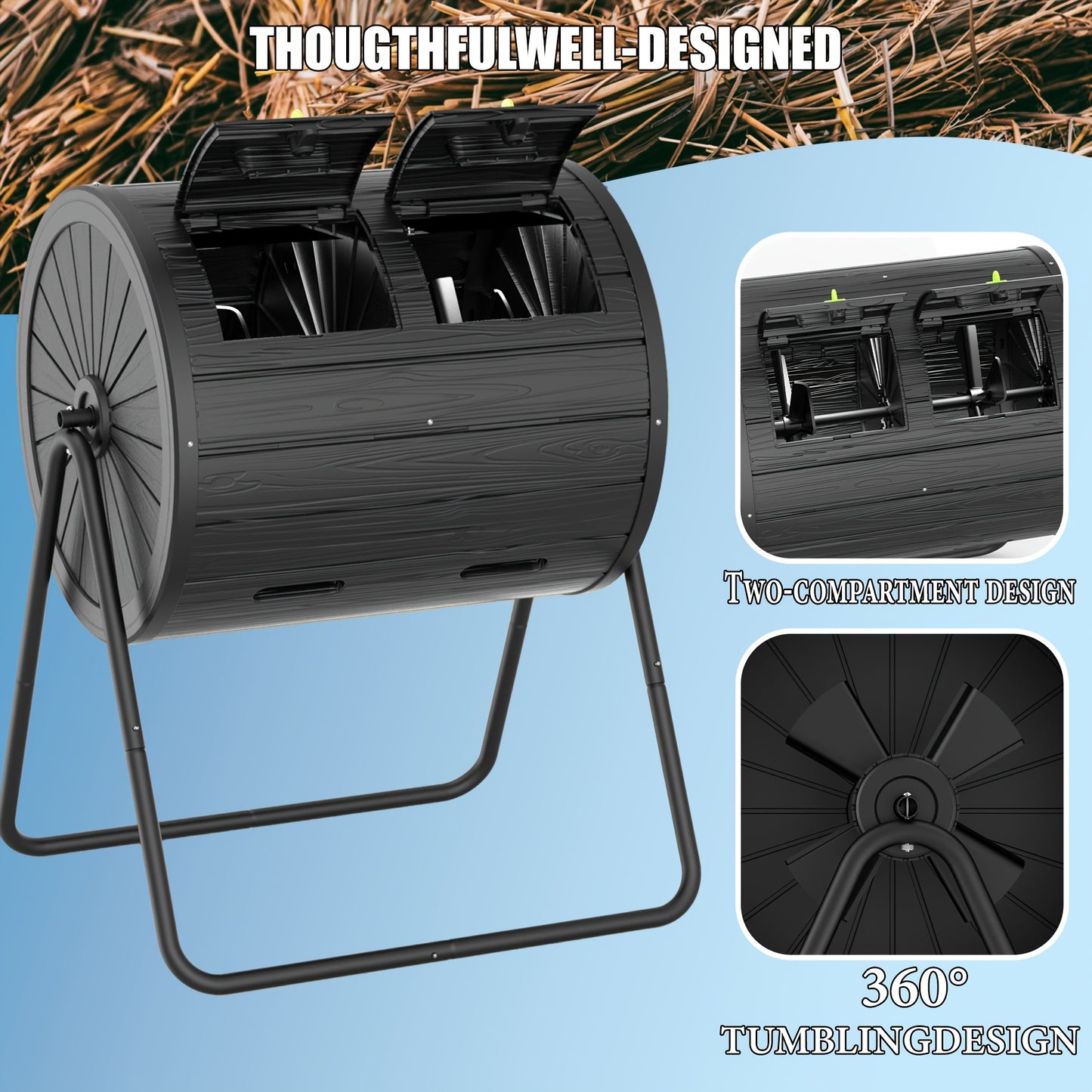 Dual Chamber Tumble Composter 43 Gallons Black Rotating
