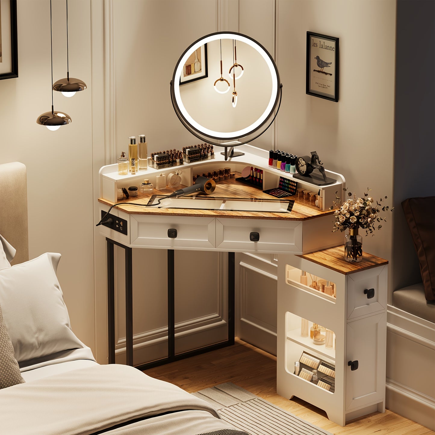 Dystler Corner Vanity With Mirror And Lights White Glass