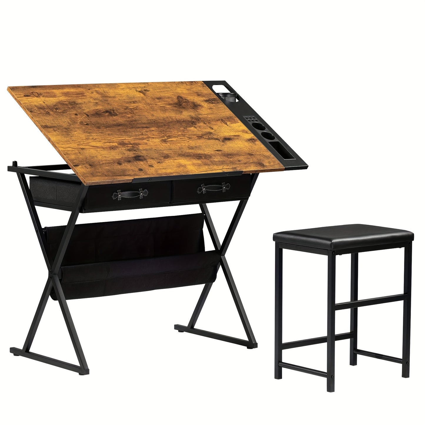 Brown Adjustable Drafting Table With Drawers And Stool