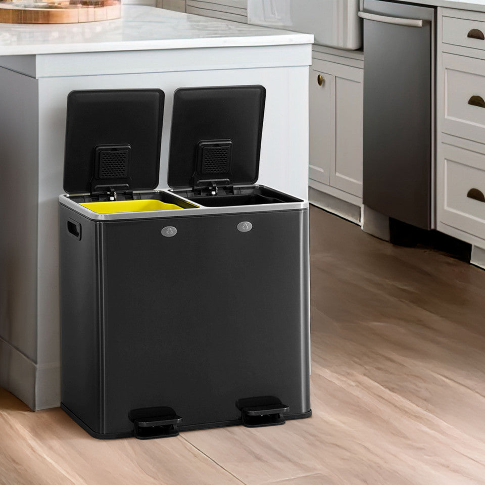 Caphaus Black Dual Trash Can With Double Lid And Recycle Bin