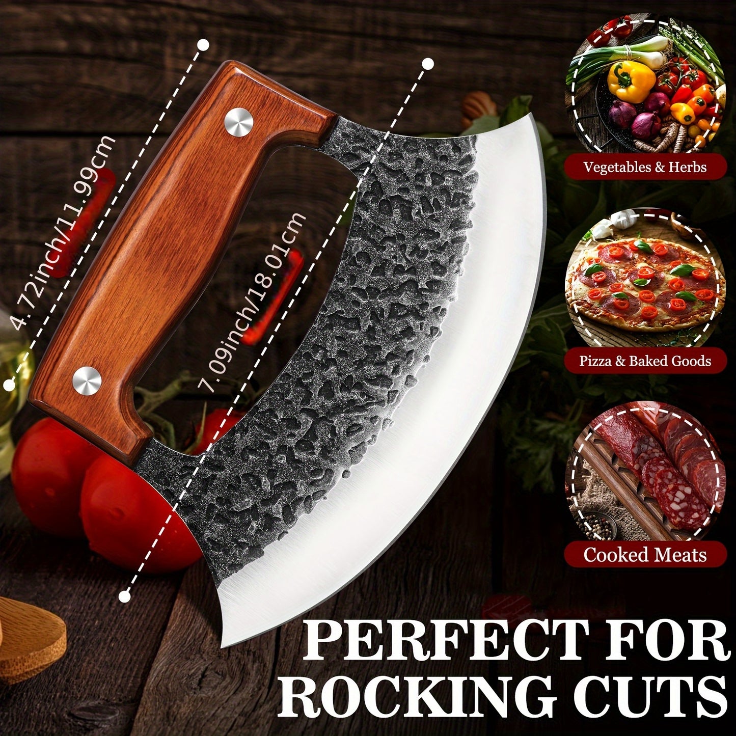 Hand Forged Ulu Knife Mezzaluna Rocker High Carbon Steel