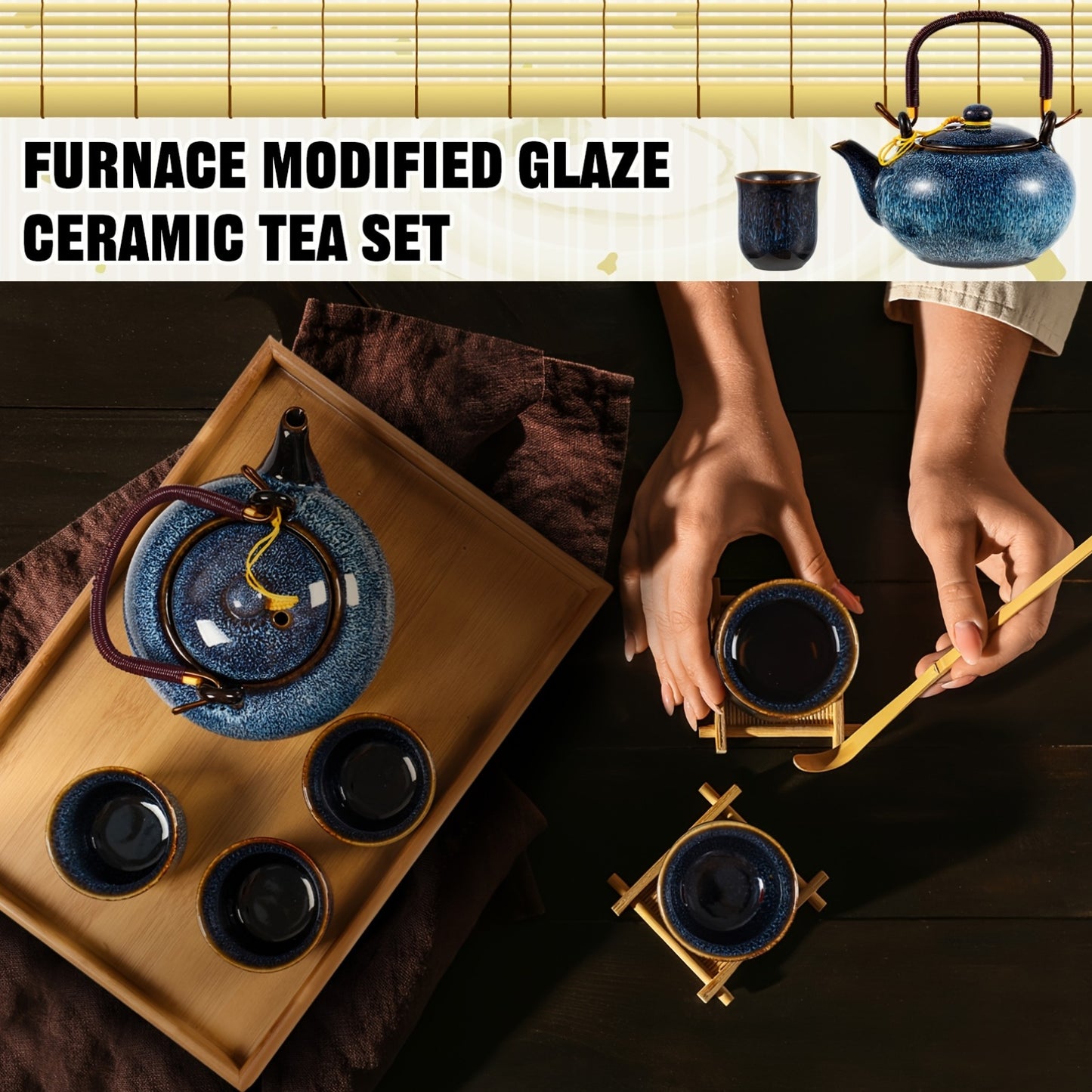Japanese Tea Set 7 Pieces Teapot 6 Cups Tray Blue Porcelain