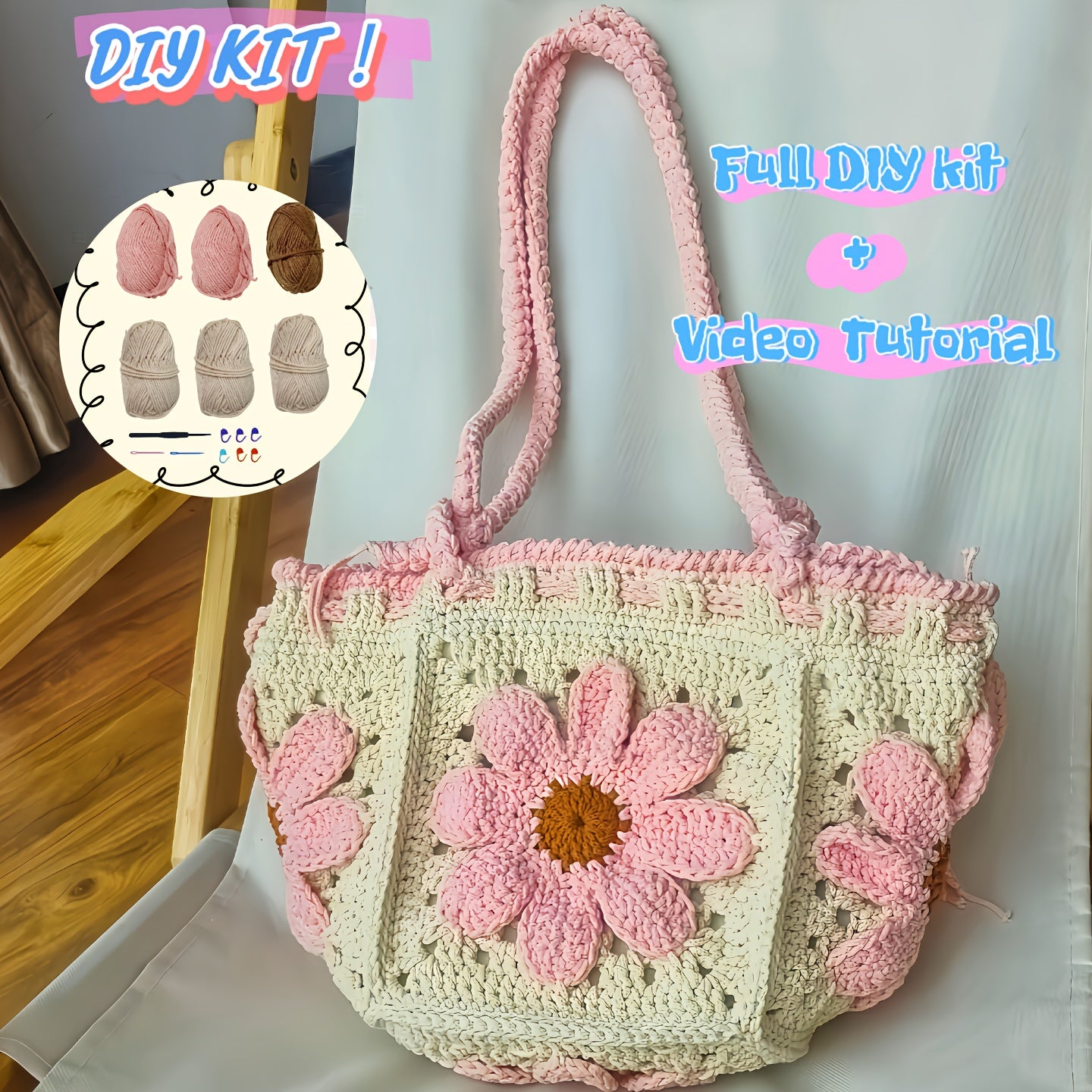 Pink Floral Crochet Bag DIY Kit With Video Tutorials