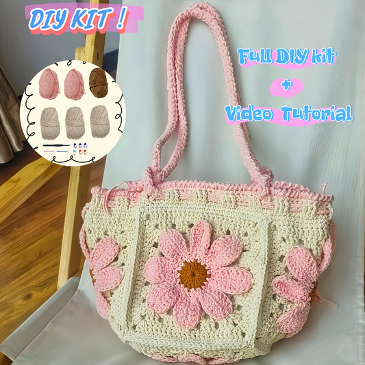 Pink Floral Crochet Bag DIY Kit With Video Tutorials