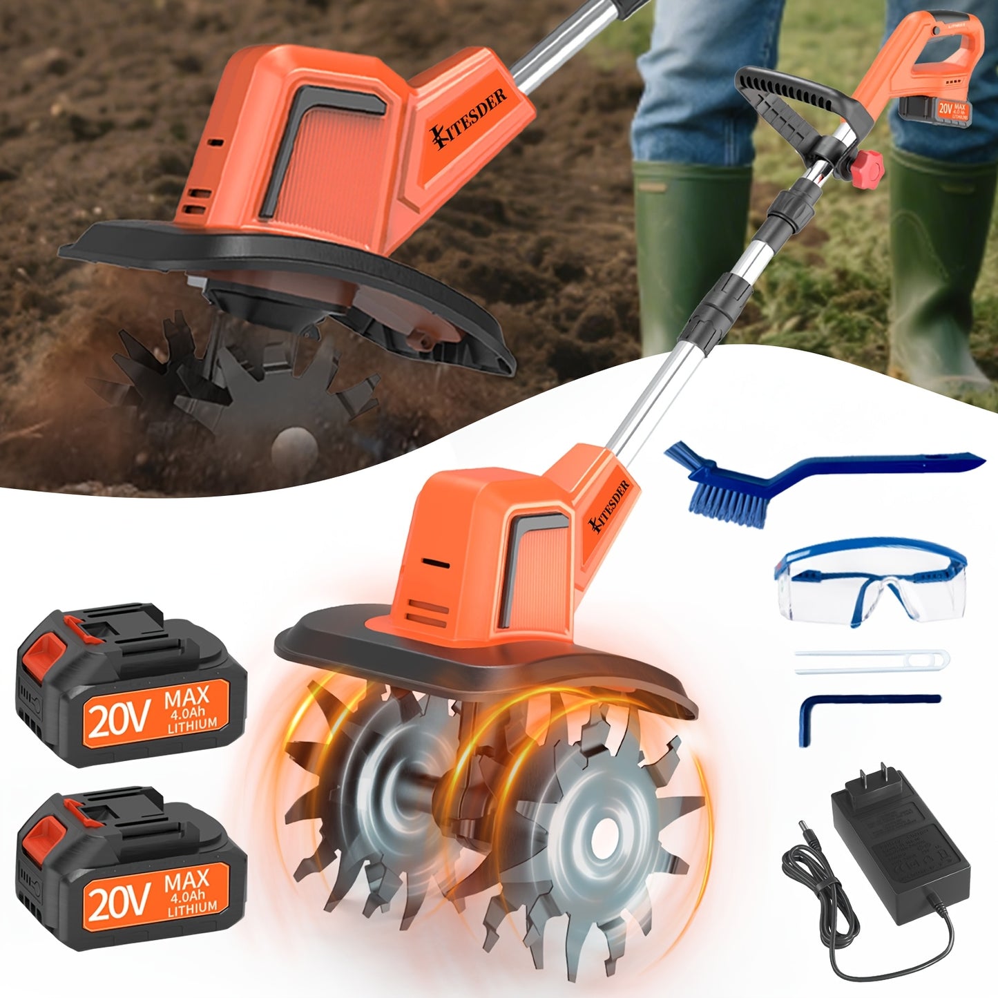 20V Cordless Tiller Cultivator With 9 Inch 4 Steel Tines