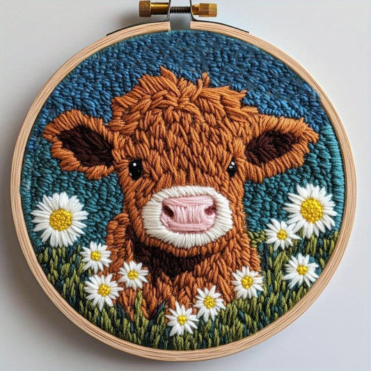 DIY Punch Needle Kit Cartoon Highland Cow Daisy Embroidery