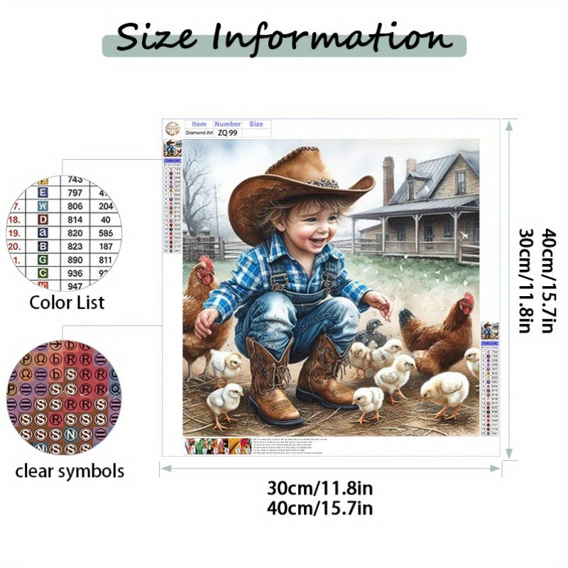 5D Diamond Painting Kit Cowboy And Chickens Round Canvas