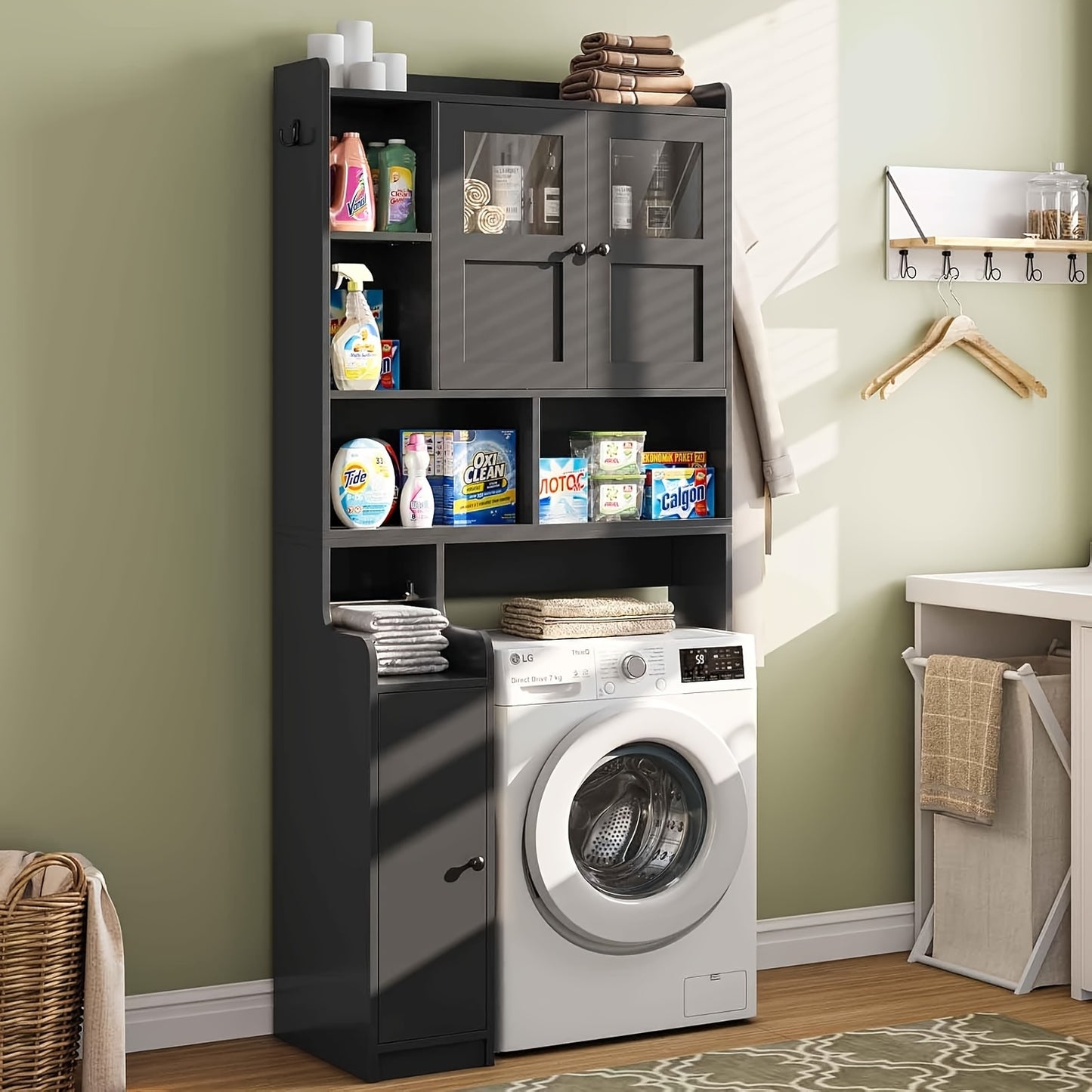 Over Toilet Cabinet With Glass Doors And Toilet Paper Holder
