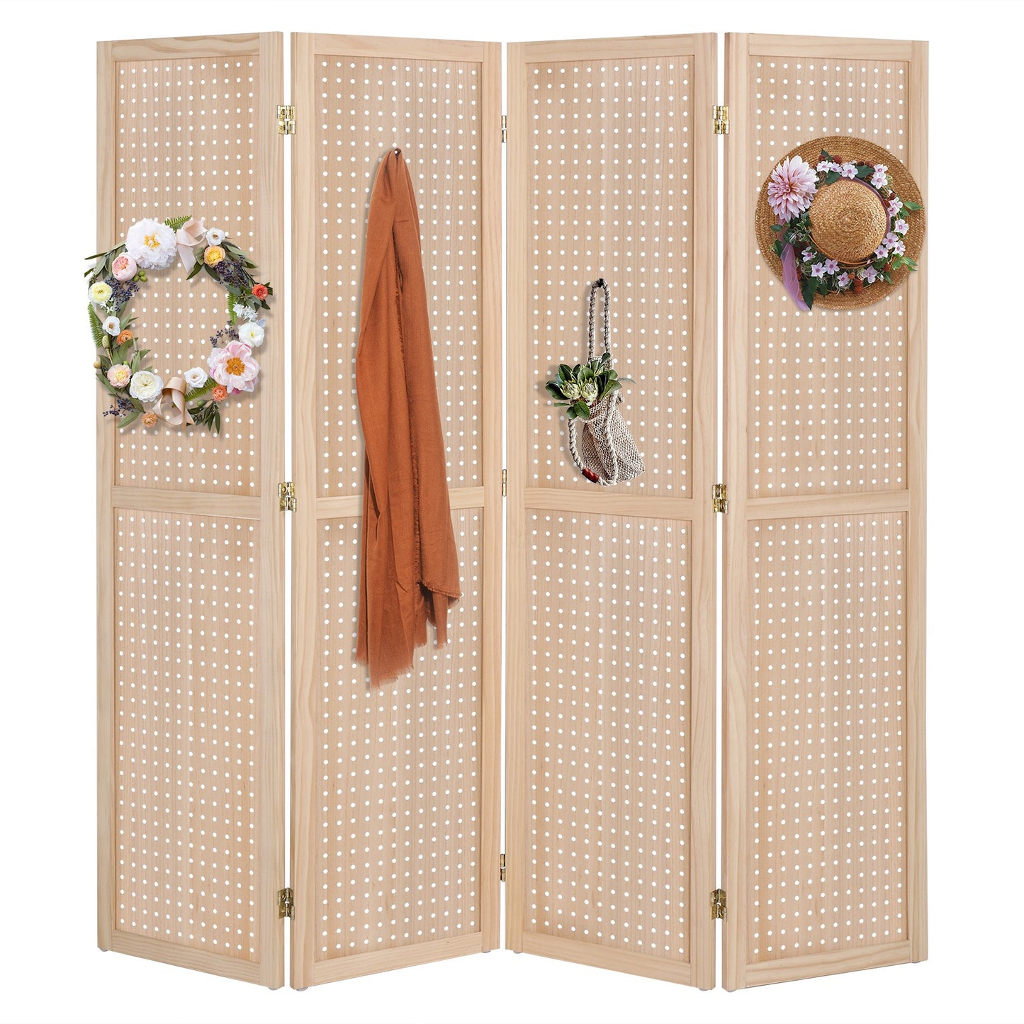 5 Ft Wood Freestanding Pegboard Room Divider Organizer