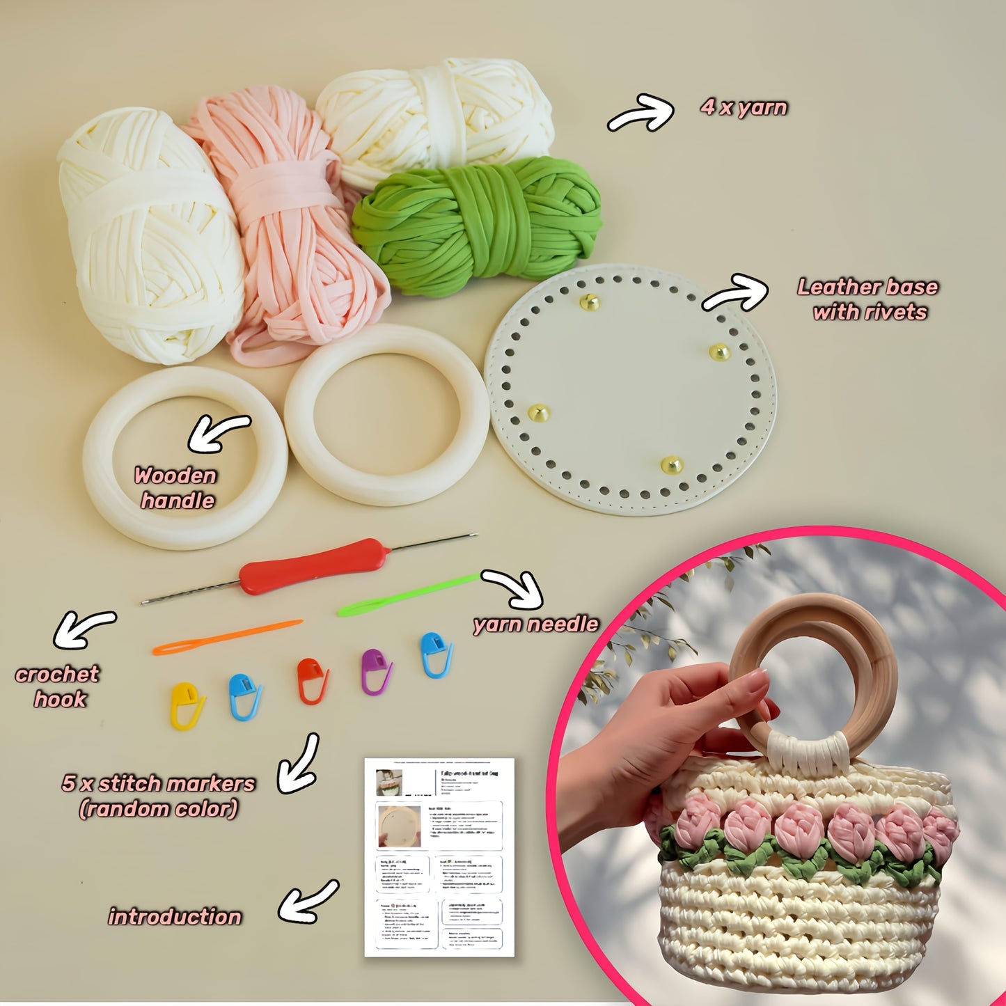 Tulip Crochet Handbag Kit With Wooden Handles And Yarn