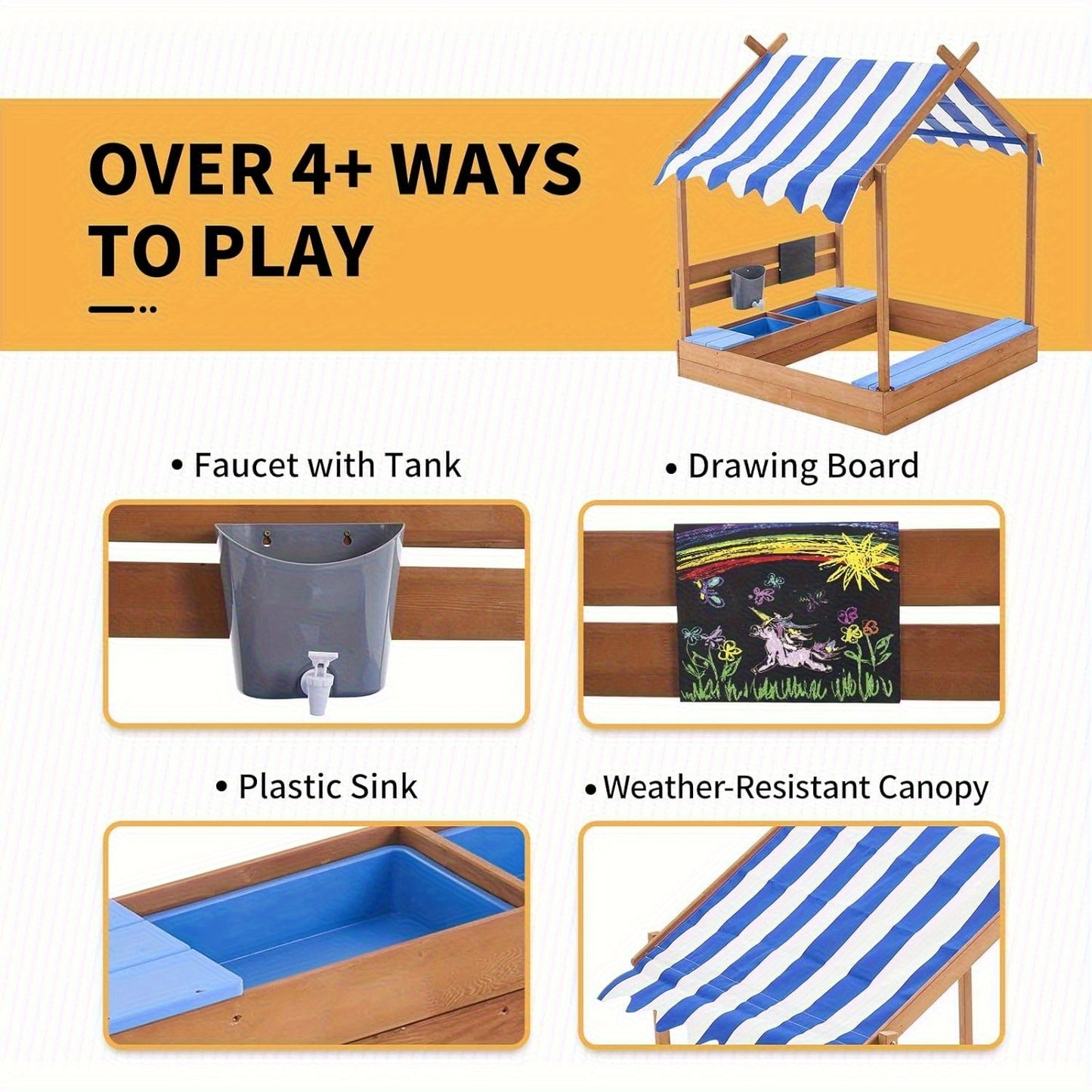 49 Inch Sandbox With Canopy And Playhouse Outdoor Kit