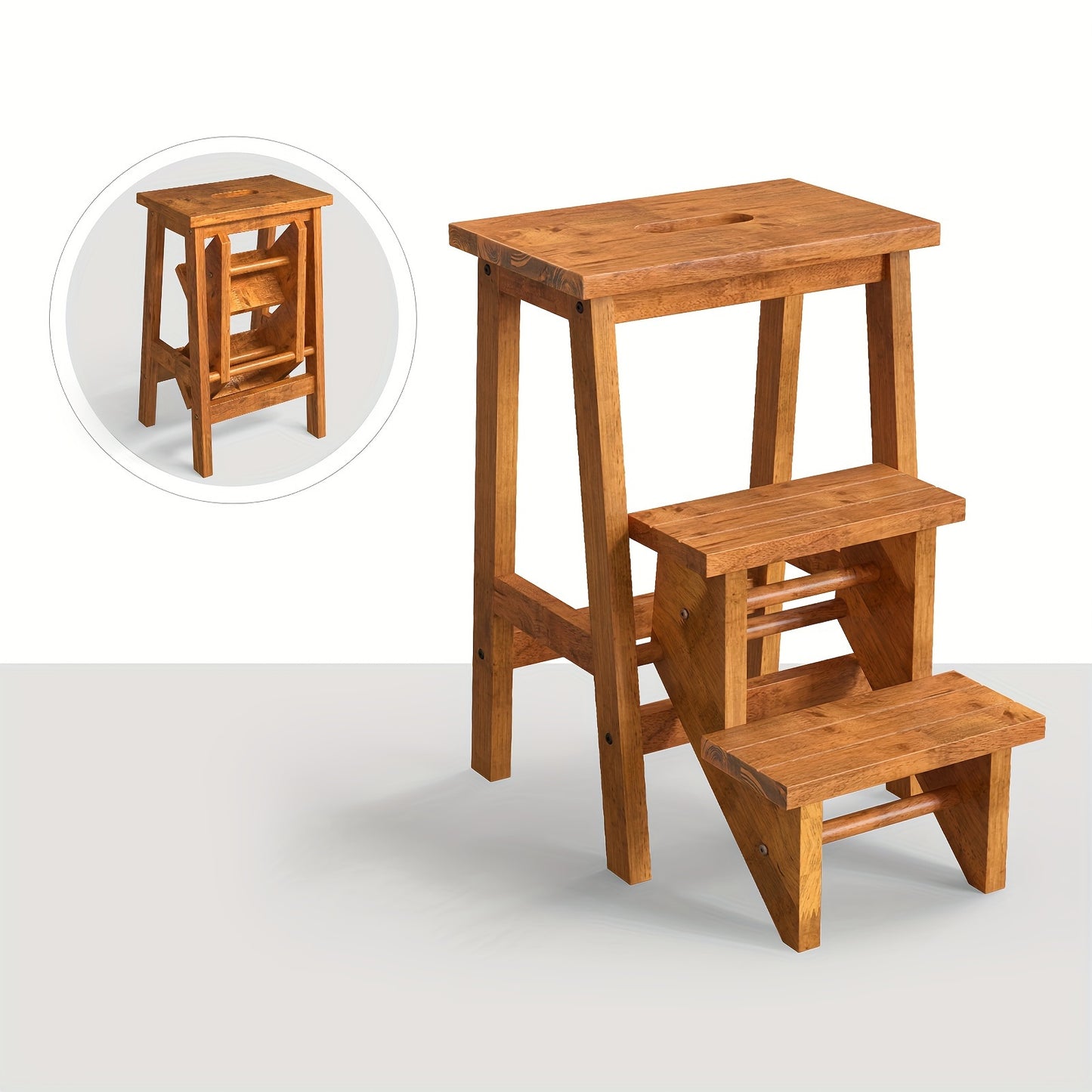 3 In 1 Folding Step Stool With 24 Storage Shelf Rubber Wood