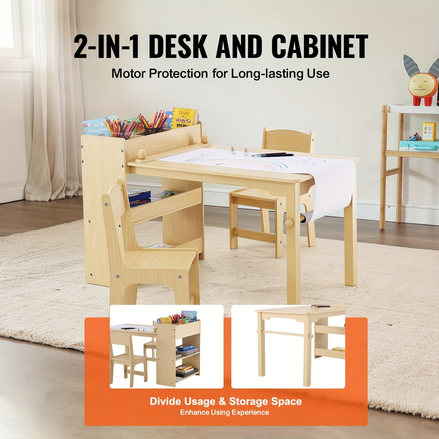 Happybuy Wooden Kids Art Table With 2 Chairs And Cabinet