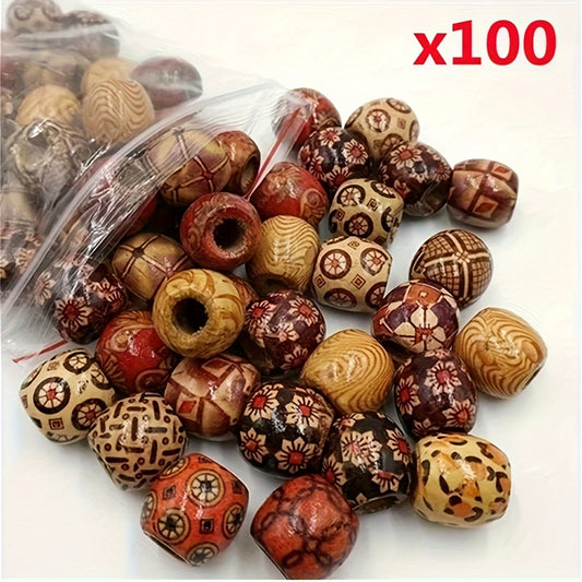100 Pcs Wooden Beads Set Assorted Tribal Patterns For DIY
