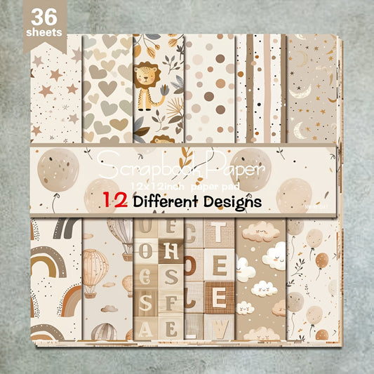36 Sheets 12x12 Scrapbook Paper Beige Hot Air Balloon Theme For DIY Crafting And Gift Wrapping Supplies