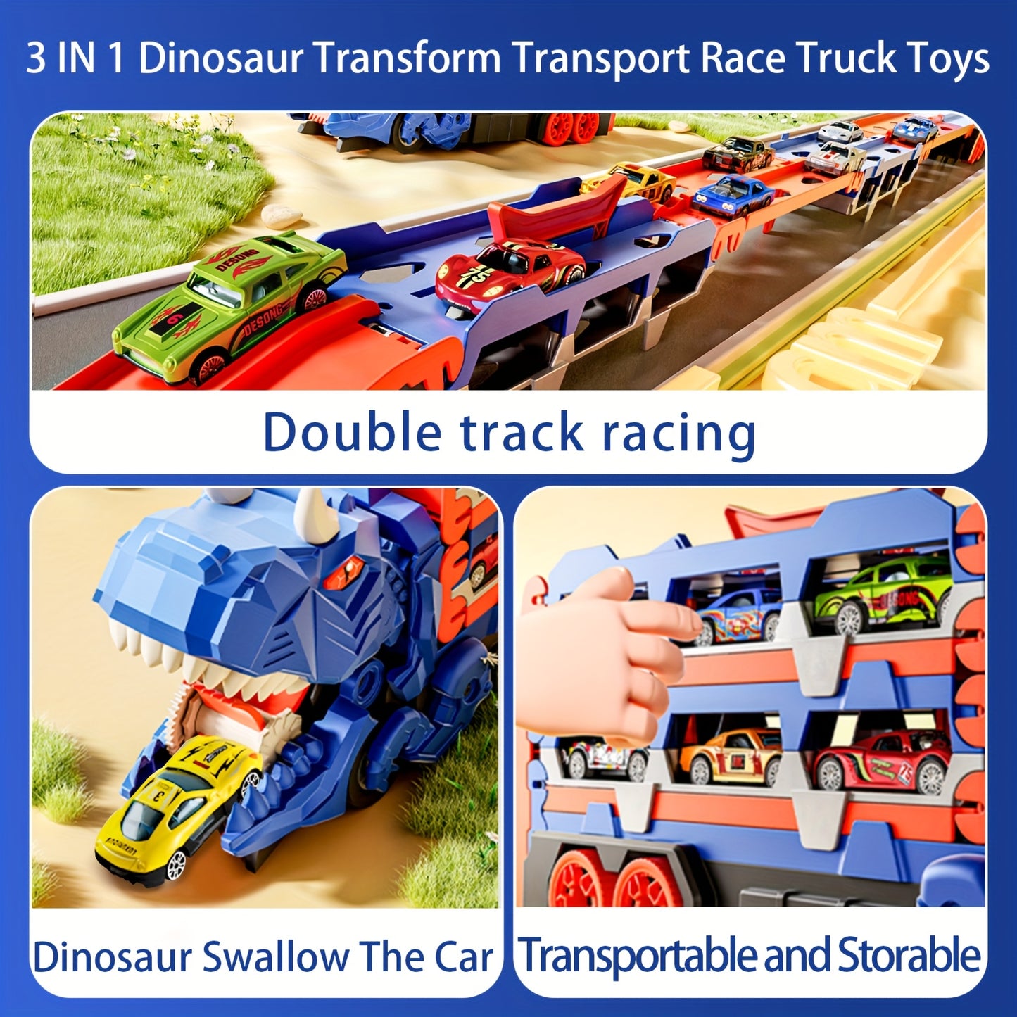 12 Cars Dino Truck Race Track Set For Toddlers 3-6