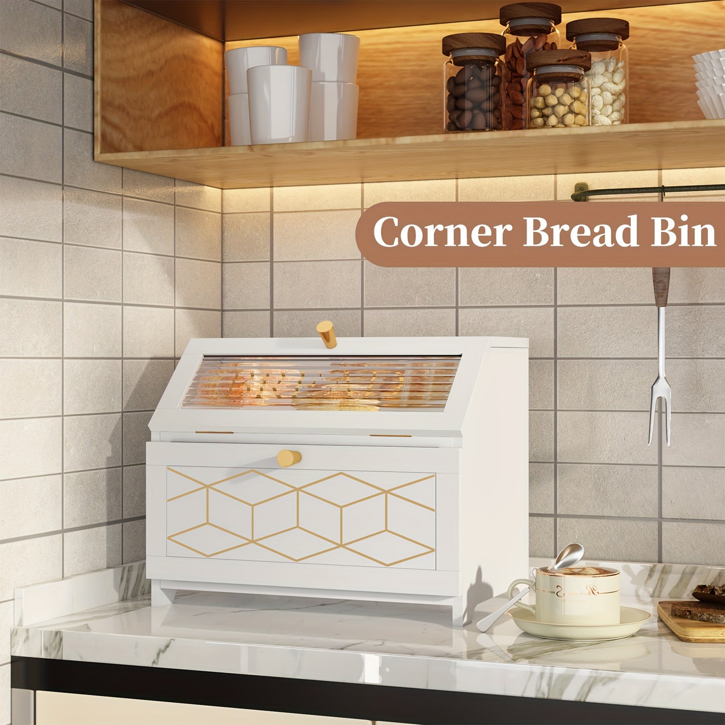 Golden Trim Wooden Bread Box For Kitchen Countertop Storage