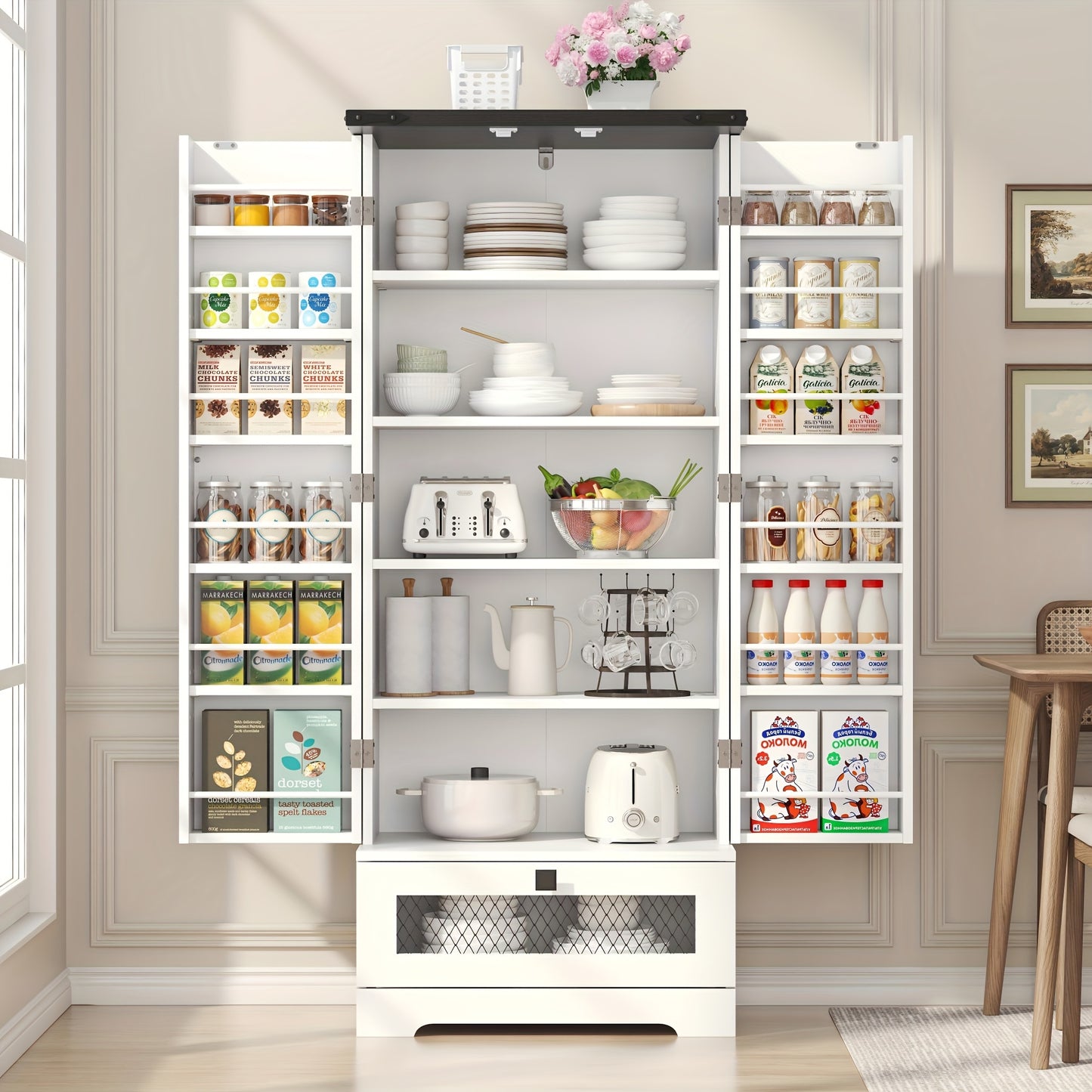 55 Inch Wooden Pantry Cabinet With Shelves And Drawer