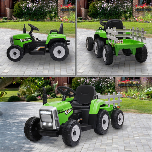 12V Green Ride-On Tractor With Trailer And Remote Control