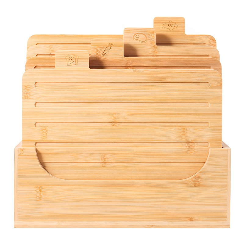 Bamboo Cutting Board Set With Stand Juice Groove Food Icons