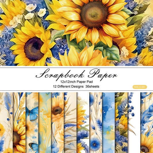 Sunflowers Colorful Scrapbook Paper 12x12 36 Sheets Kit