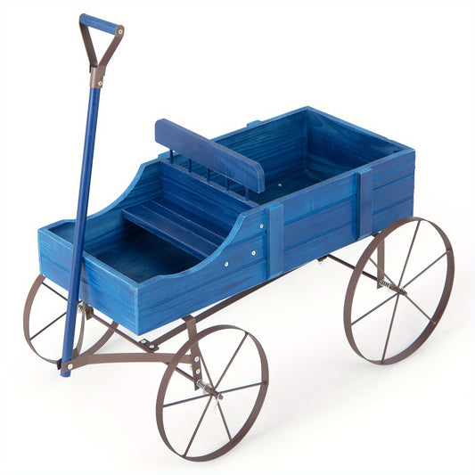 Spacious Rustic Fir Wood Garden Wagon Planter With Wheels