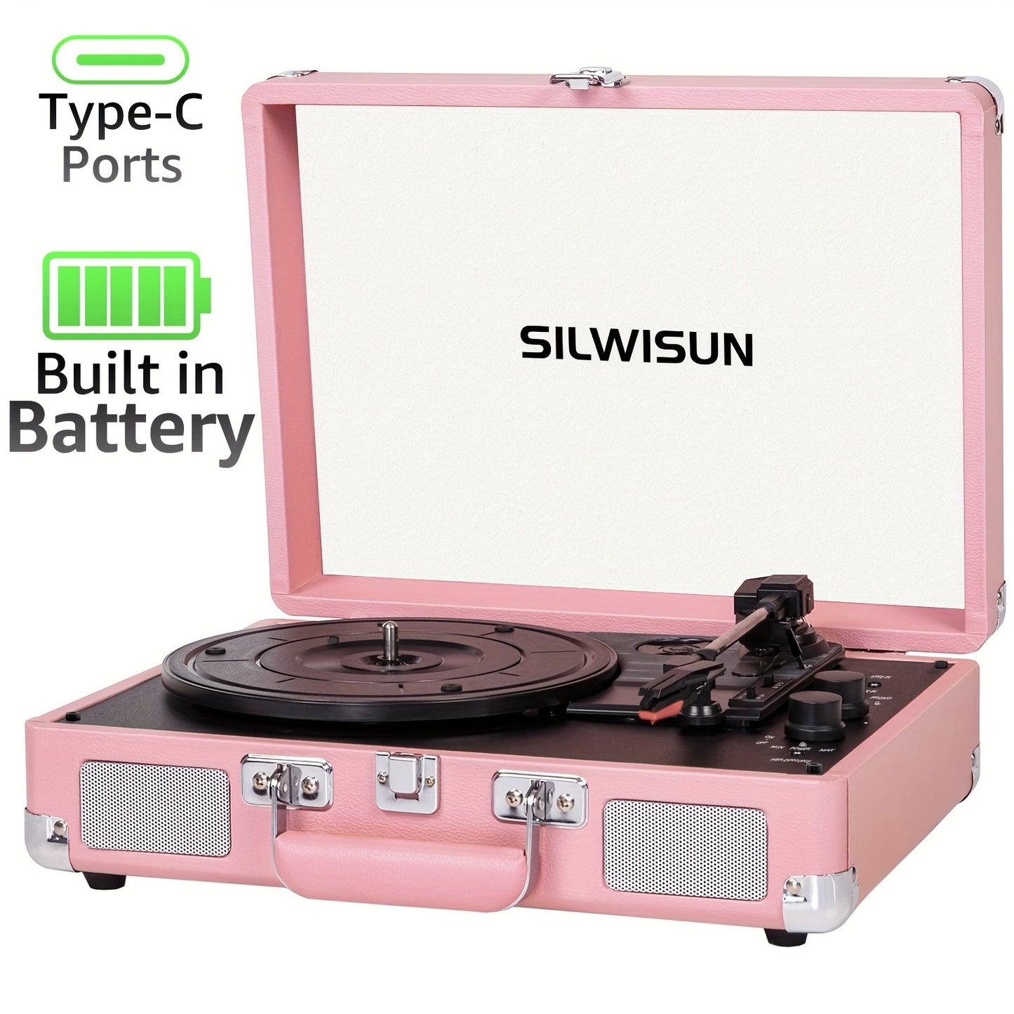 Pink Portable Bluetooth Vinyl Record Player 3 Speed Battery