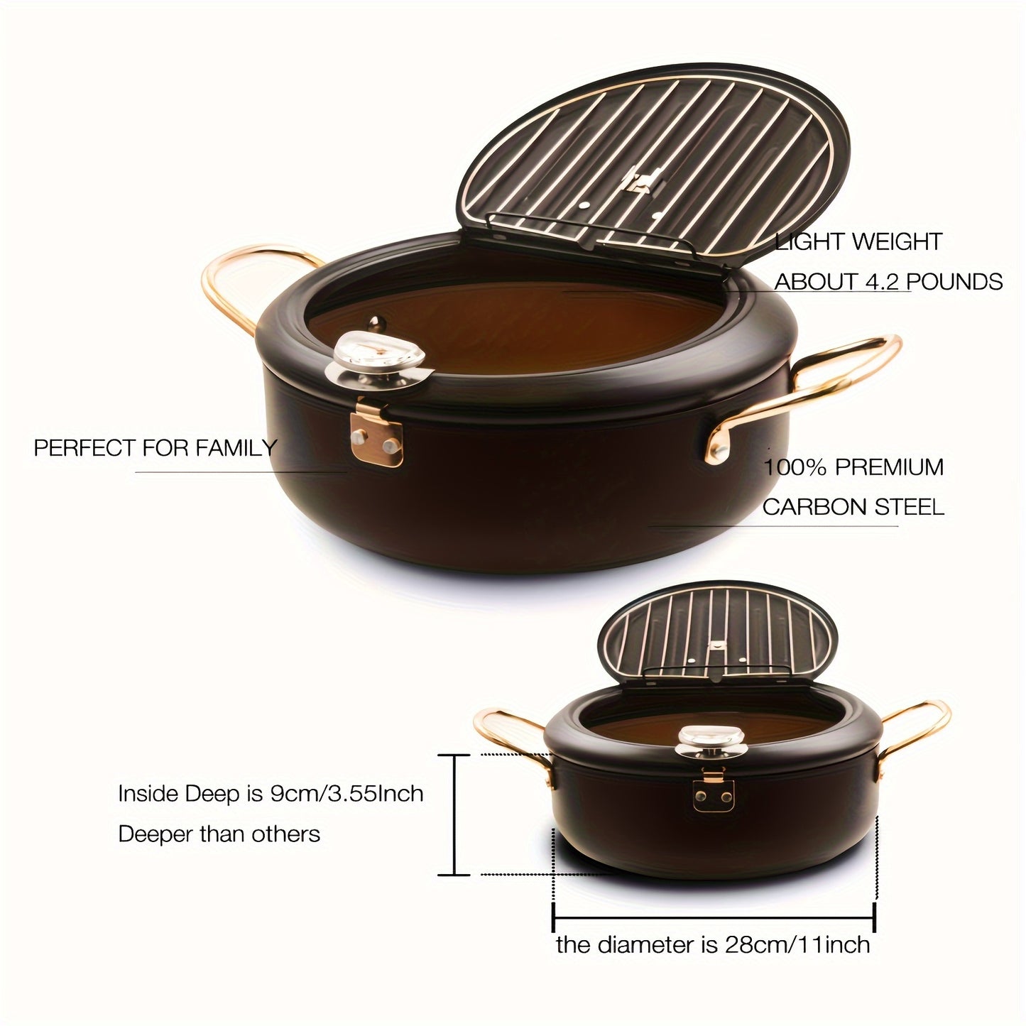 Green 4.3L Tempura Fryer Pot 11Inch Thermometer Nonstick