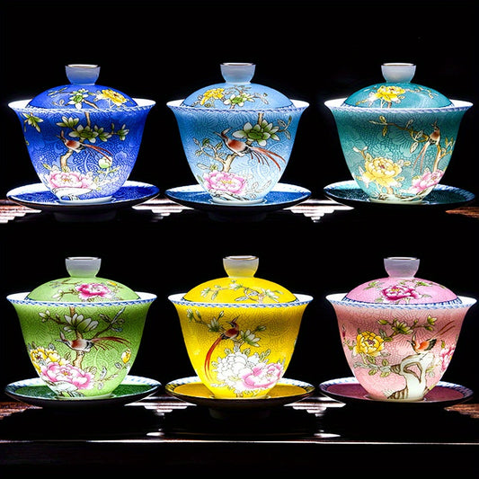 Ceramic Enamel Covered Tea Cup Set With Lid And Decor