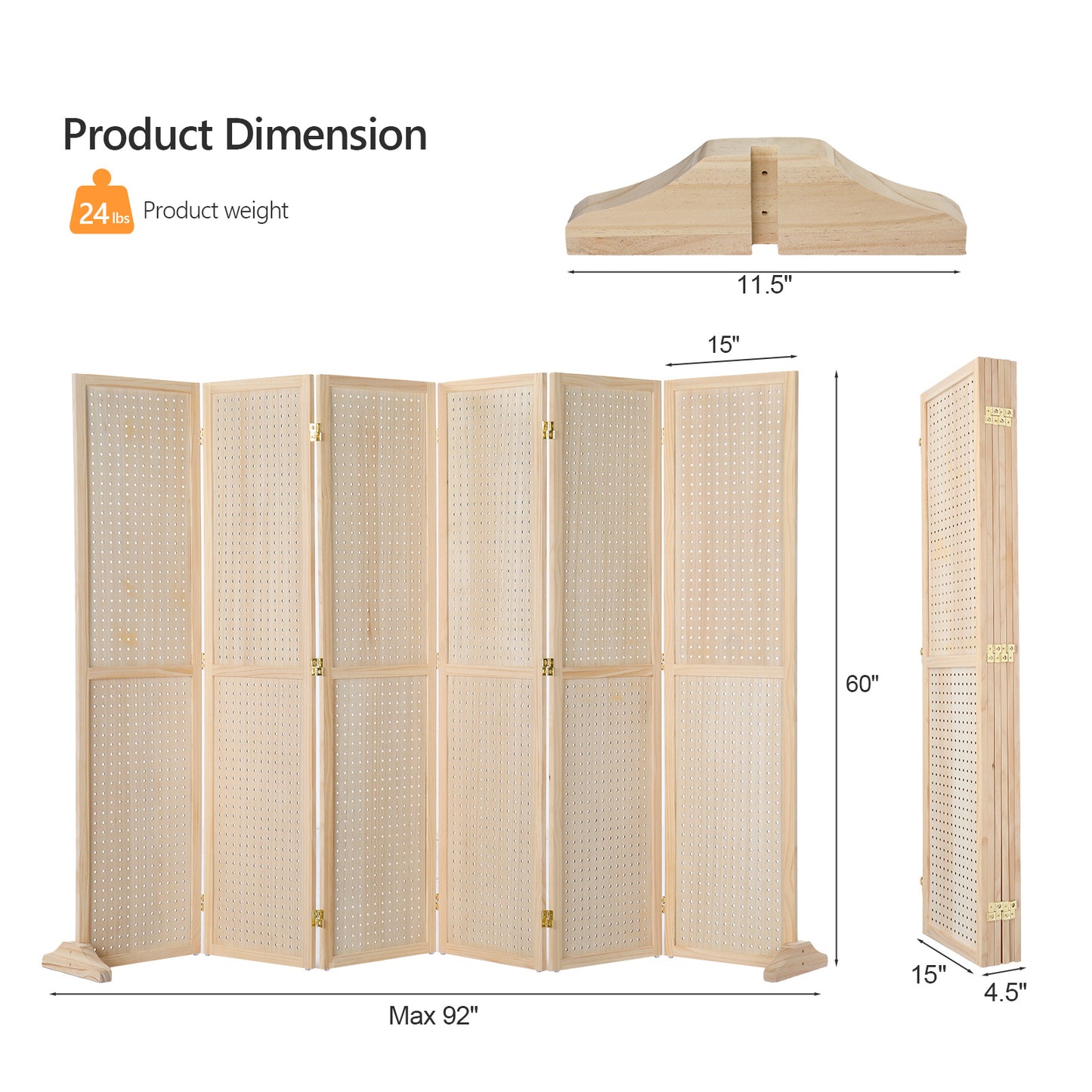 5 Ft Wood Freestanding Pegboard Room Divider Organizer