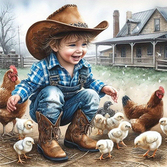 5D Diamond Painting Kit Cowboy And Chickens Round Canvas