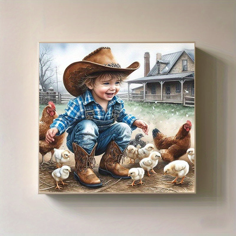 5D Diamond Painting Kit Cowboy And Chickens Round Canvas