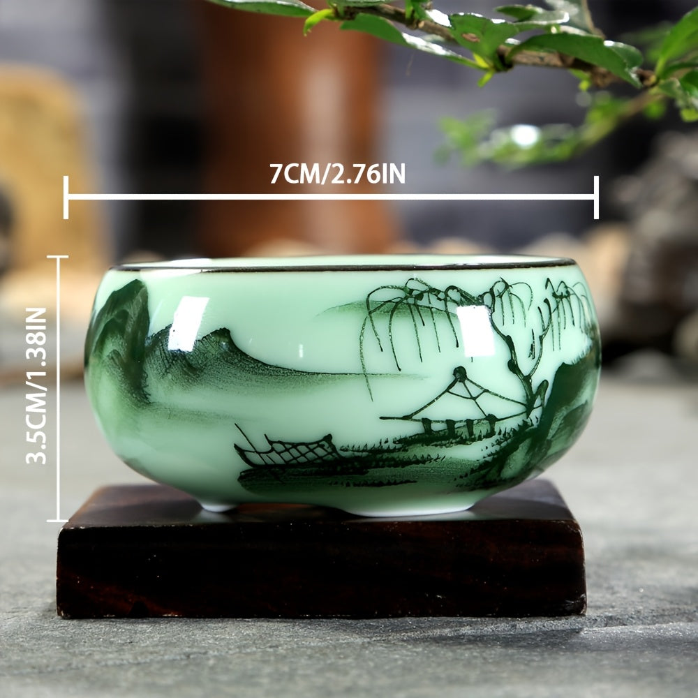 Celadon Ceramic Tea Cups Set 3pc Hand Painted Landscape
