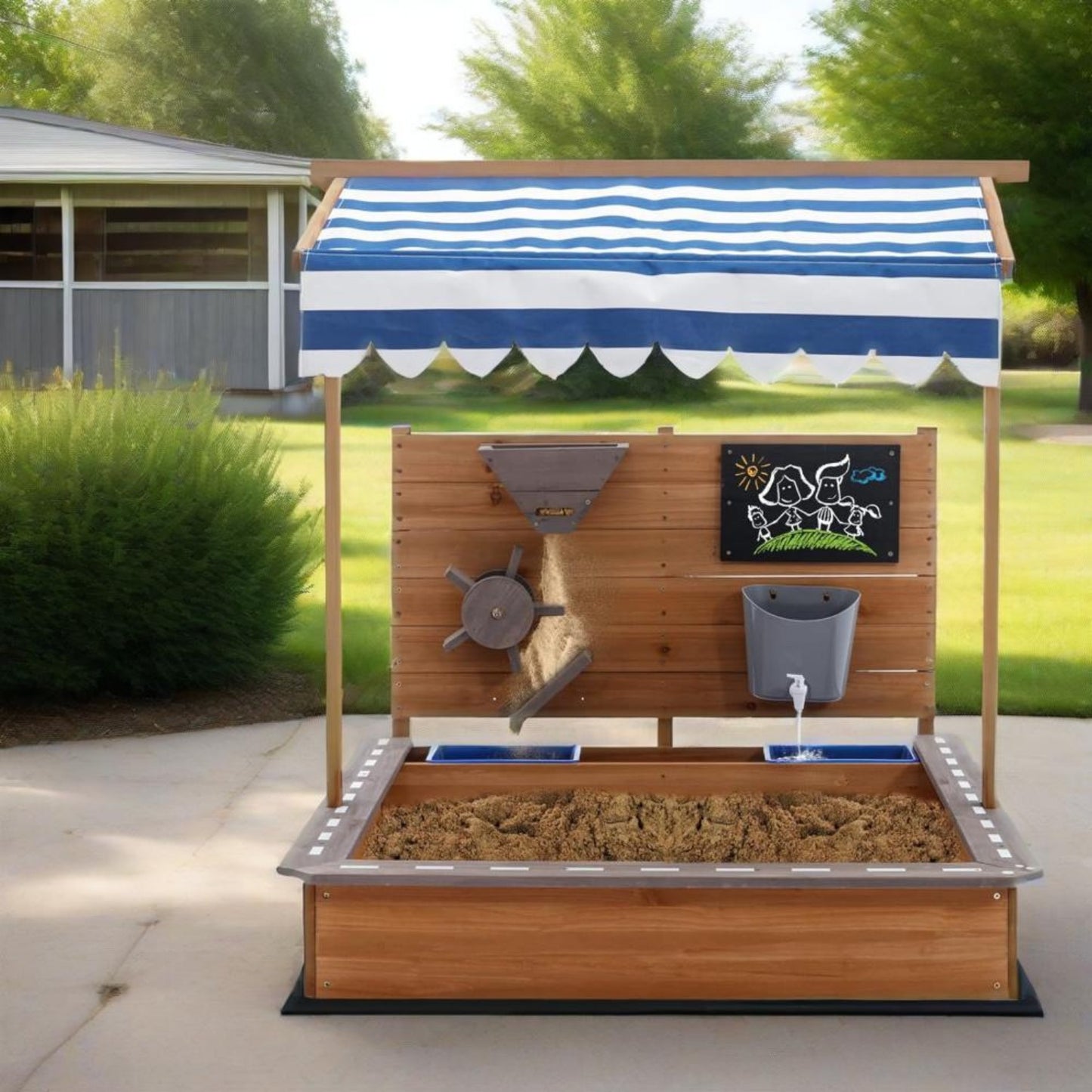 49 Inch Sandbox With Canopy And Playhouse Outdoor Kit