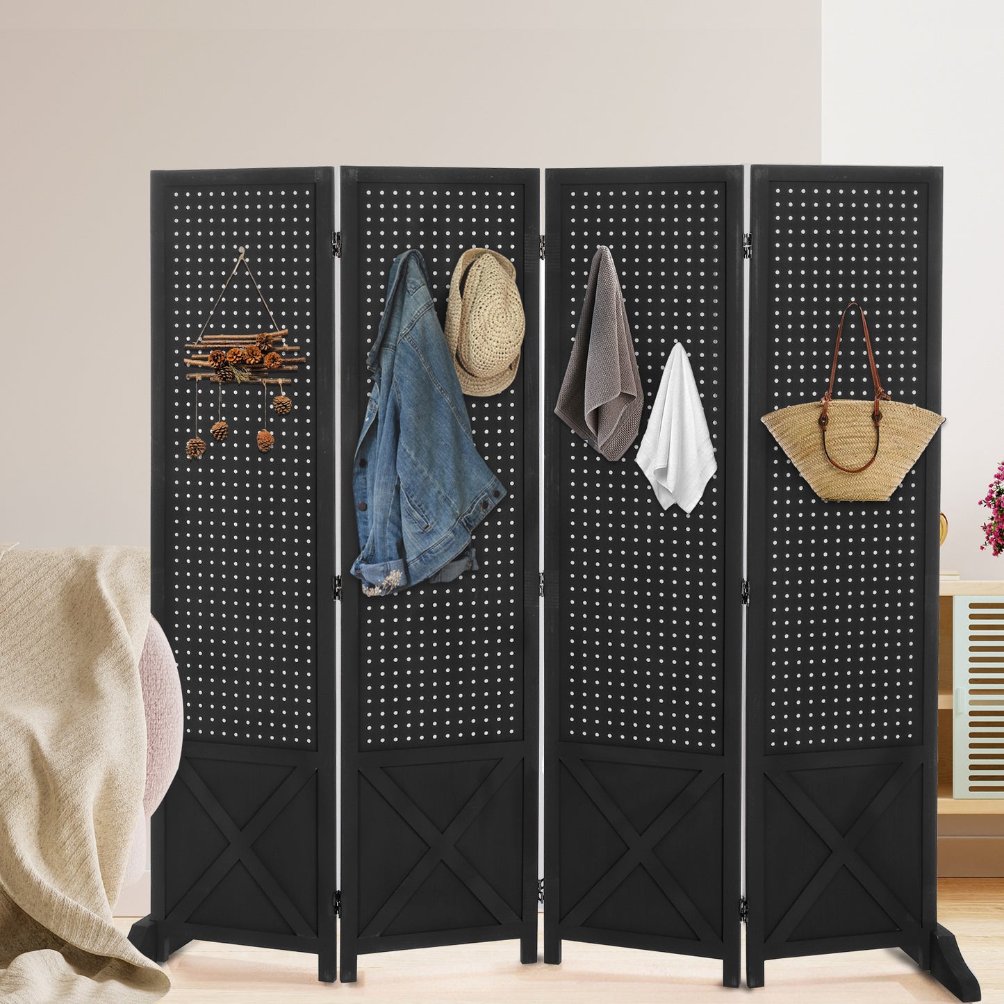 Vingli 60 Inch Freestanding Wood Pegboard Room Divider