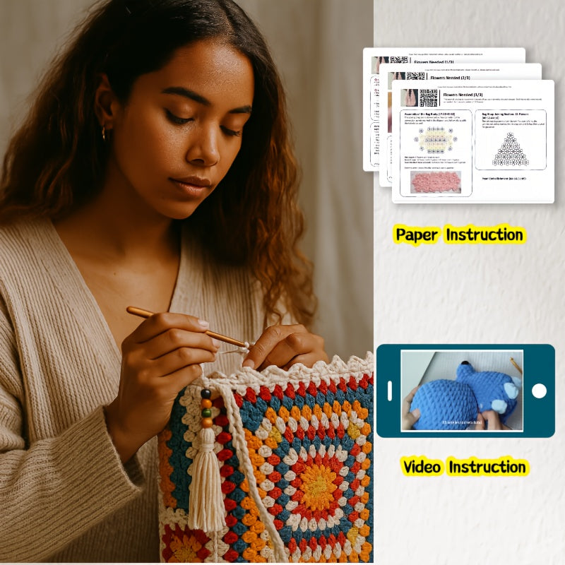 Granny Square Tote Bag DIY Kit With Metallic Chain Yarn